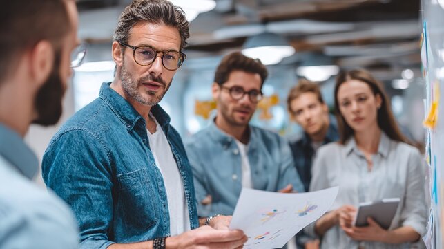 Man presenting data to colleagues in a modern office environment with natural light and teamwork - Powered by Adobe