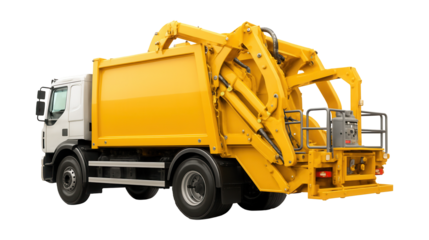 Side-loading waste collection truck with control panel and safety rails.