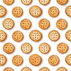 Fototapeta premium Seamless background of baked cookies arranged in repeating pattern, clean minimal design, isolated on white.
