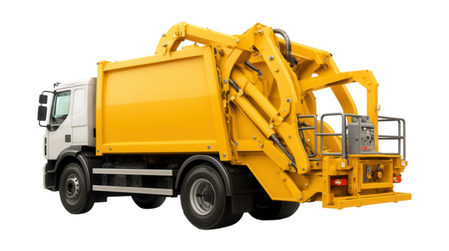 Side-loading waste collection truck with control panel and safety rails.