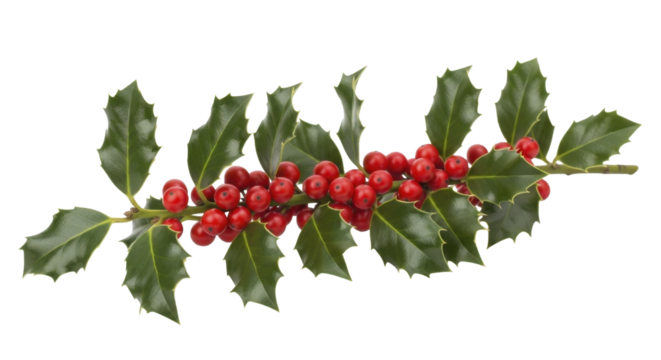 Christmas Holly Branch with Red Berries and Green Leaves on a transparent background PNG image PNG file