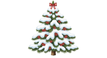 Snow Covered Christmas Tree with Red Berries and Bow on a Transparent Background PNG Image PNG File