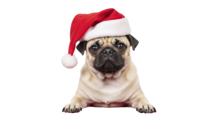 Pug Dog Wearing Red Santa Hat on a Transparent Background, PNG Image