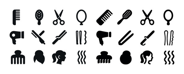 Collection of hair styling icons including combs, scissors, and hair dryers