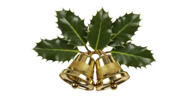Christmas golden bells with green holly leaves on a transparent background PNG image PNG file