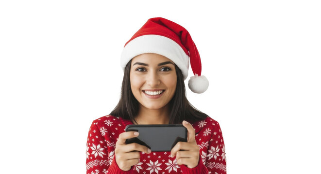 Latina woman in Santa hat and Christmas sweater holding smartphone smiling on a transparent background, PNG image, PNG file
