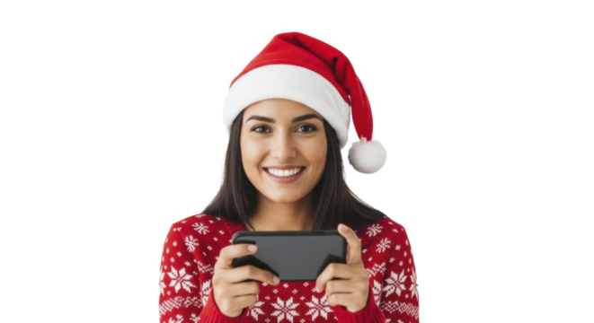 Latina woman in Santa hat and Christmas sweater holding smartphone smiling on a transparent background, PNG image, PNG file