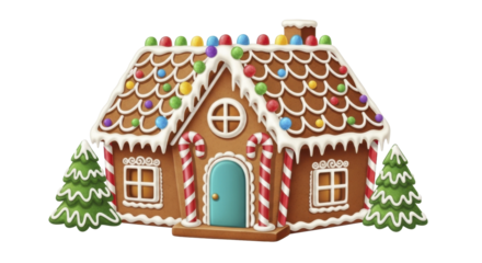 Festive Christmas Gingerbread House with Candy Canes and Colorful Gumdrops, PNG image, PNG file, on a transparent background