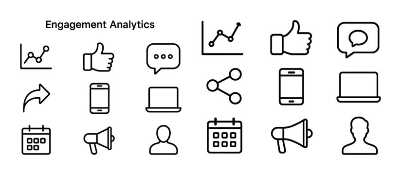 Engagement analytics icons: graphs, thumbs up, chat bubbles, devices, and more