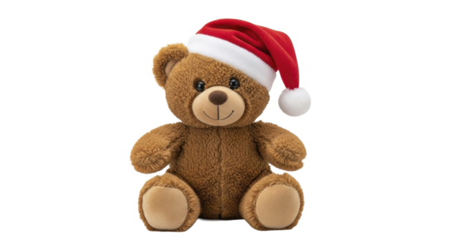 Festive brown teddy bear wearing Santa hat, Christmas PNG image on transparent background