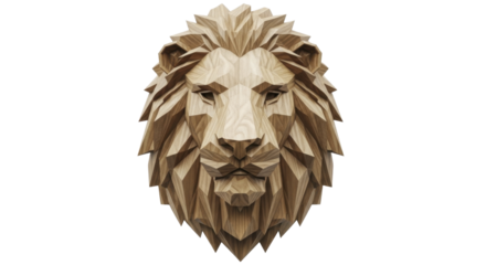Wooden geometric lion head sculpture on a transparent background PNG image