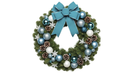 Wreath, blue bow, ornaments, pinecones, snowflakes on a transparent background, PNG image, PNG file