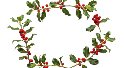 Christmas Holly Branches with Green Leaves and Red Berries Forming a Circular Frame on a Transparent Background, PNG Image, PNG File