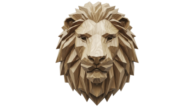 Wooden geometric lion head sculpture on a transparent background PNG image - Powered by Adobe