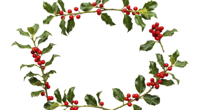 Christmas Holly Branches with Green Leaves and Red Berries Forming a Circular Frame on a Transparent Background, PNG Image, PNG File