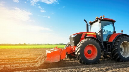 Obraz premium Agricultural tractor preparing fertile soil in a sunny field, modern farming equipment at work
