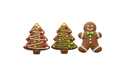 Christmas gingerbread cookies, two trees, one man, icing, transparent background, PNG image, PNG file.