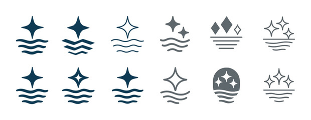 Set of nautical symbols with stars and waves in various designs and colors