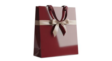 Christmas red glossy gift bag with beige bow on a transparent background, PNG image, PNG file