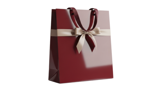 Christmas red glossy gift bag with beige bow on a transparent background, PNG image, PNG file