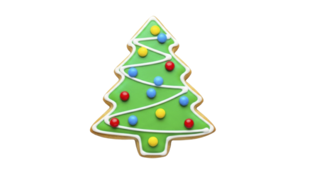 Christmas tree cookie decorated with green icing and colorful candy ornaments on a transparent background PNG image