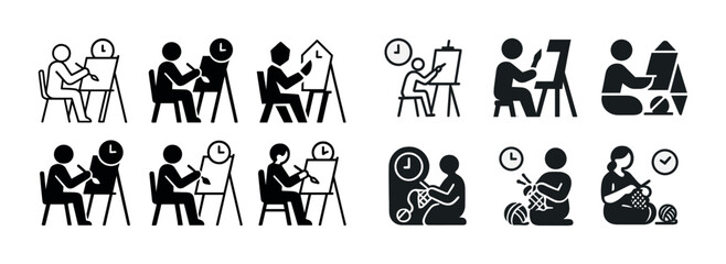 Obraz premium Set of icons depicting drawing and knitting activities with time management theme