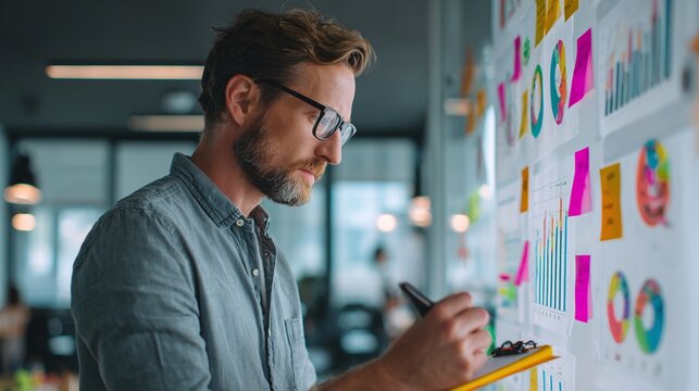Man with glasses analyzing data charts and sticky notes on a wall with clipboard in his hand