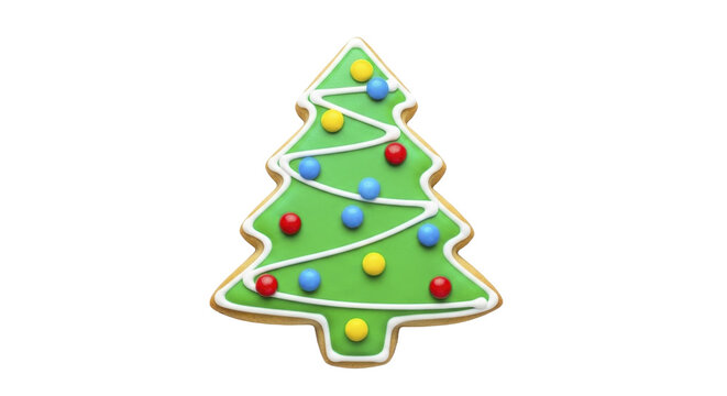 Christmas tree cookie decorated with green icing and colorful candy ornaments on a transparent background PNG image