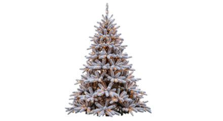 Flocked Christmas Tree with Warm Lights on a Transparent Background PNG Image