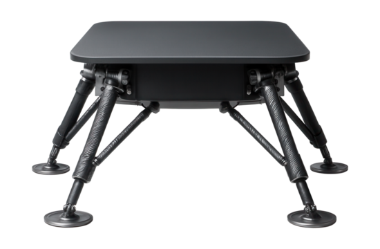 Compact lander featuring a flat base and adjustable stabilizing arms.