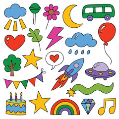 Colorful Cute Doodle Icon Set for Kids