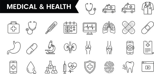 Medical icons set, healthcare symbols, hospital equipment, doctor tools, health app, anatomy, emergency, diagnostics, treatment, wellness, protection, medicine, surgery