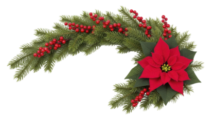 Christmas garland with pine branches, red berries, and poinsettia flower on a transparent background, PNG image, PNG file