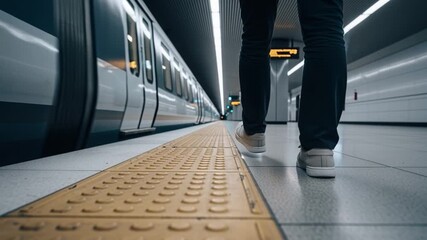 Modern subway train arriving at station platform as commuter waits to board train - Powered by Adobe