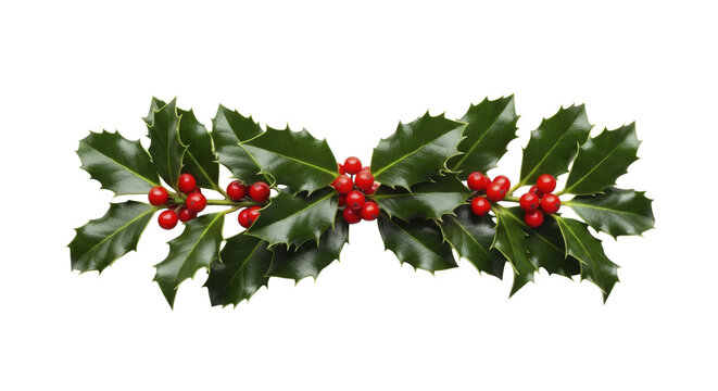 Christmas holly leaves and red berries isolated on a transparent background PNG image file