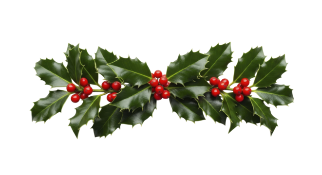 Christmas holly leaves and red berries isolated on a transparent background PNG image file