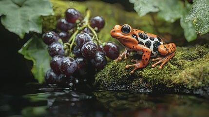 Vibrant tropical frog rests near a bunch of grapes.