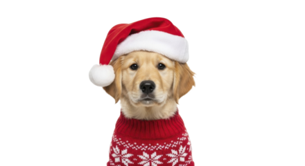  Golden Retriever puppy wearing a red Santa hat and festive snowflake sweater on a transparent background PNG image