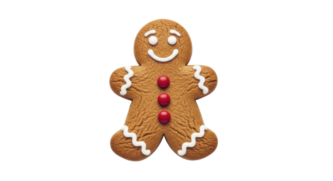 Smiling decorated gingerbread man cookie on a transparent background PNG image holiday sweet treat