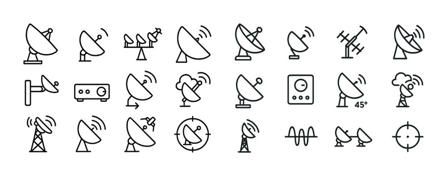 Various satellite dish antenna icons in line art style