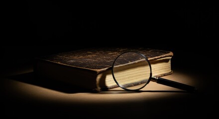 A magnifying lens rests beside an ancient leather-bound notebook under dramatic light, suggesting an unsolved puzzle or confidential investigation ,fiction ,shadow ,historical