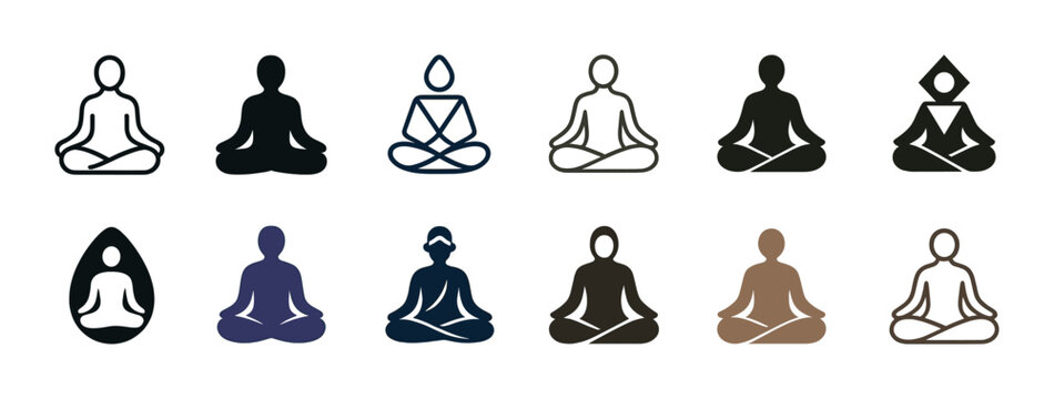 Collection of diverse meditative human silhouettes in various poses