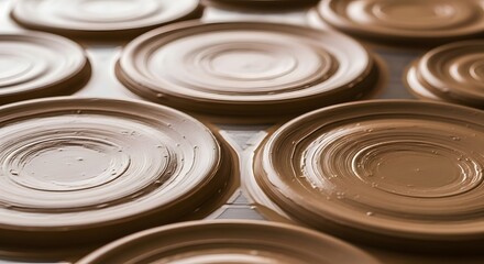 Harmonious arrangement of molten brown discs with intricate ripple patterns, symbolizing the meticulous stages of sweet confection creation