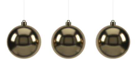 Three reflective golden sphere Christmas ornaments hanging vertically on a transparent background PNG image