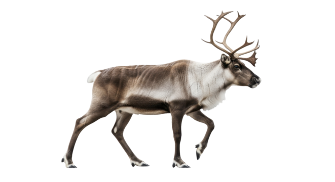 Reindeer walking with large antlers on a transparent background, PNG image, PNG file