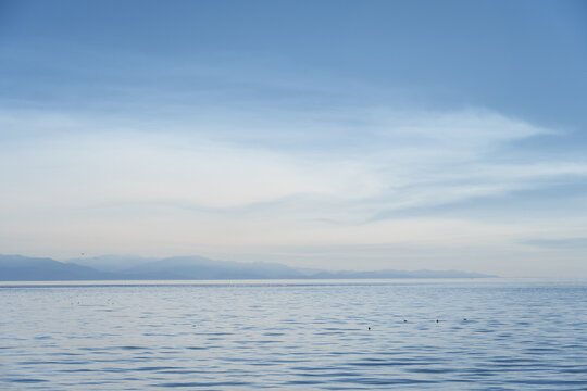 Calming and peaceful nature background, serene maritime landscape in pastel blues, Puget Sound calm blue water with blue cloudy sky and blue mountains, Seattle, Washington
- Powered by Adobe