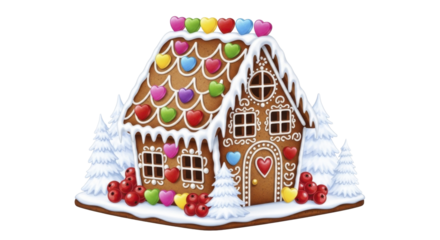 Gingerbread house decorated with icing, colorful candy hearts, and snow-covered trees on a transparent background, PNG image, PNG file
