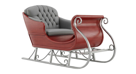 Classic red wooden Christmas sleigh with grey tufted seat and silver runners, on a transparent PNG image.