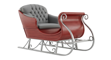 Classic red wooden Christmas sleigh with grey tufted seat and silver runners, on a transparent PNG image.