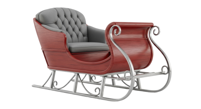 Classic red wooden Christmas sleigh with grey tufted seat and silver runners, on a transparent PNG image.